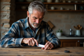 Homme d'âge moyen huilant un couteau Le Pradel dans une cuisine rustique