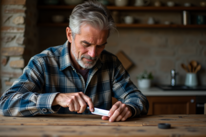 Homme d'âge moyen huilant un couteau Le Pradel dans une cuisine rustique