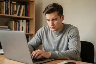 Homme scrutant son ordinateur portable avec méfiance avant de s'inscrire sur un site de chat alternatif gratuit