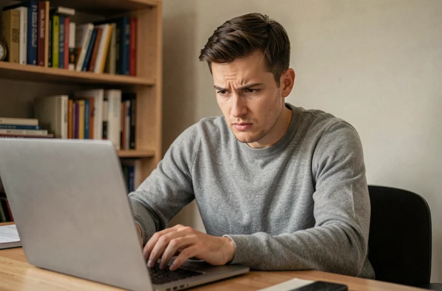 Homme scrutant son ordinateur portable avec méfiance avant de s'inscrire sur un site de chat alternatif gratuit