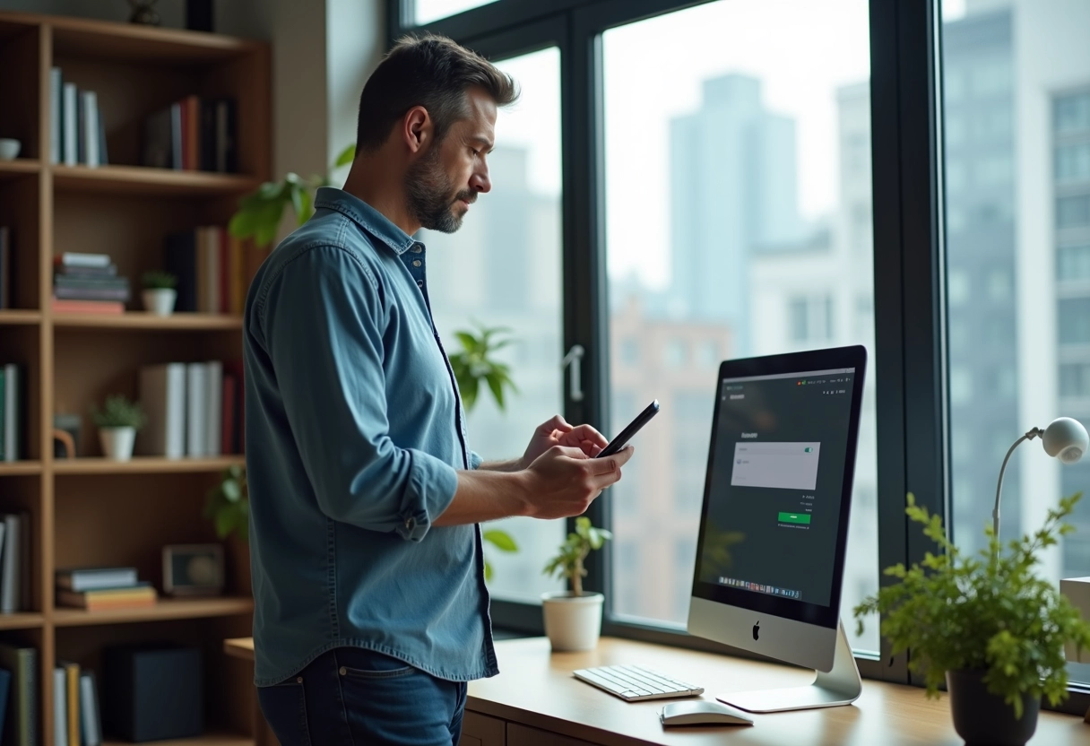 Homme d âge moyen utilisant son téléphone et ordinateur dans un salon lumineux