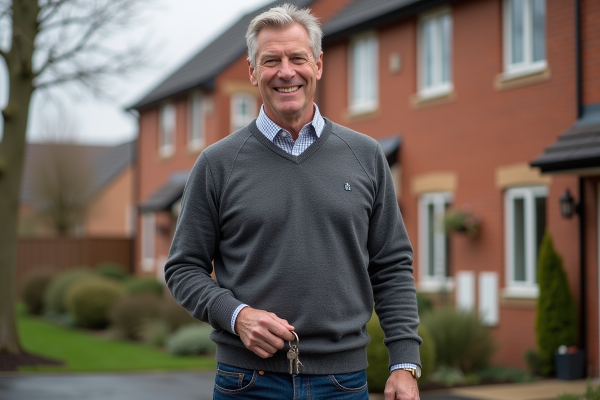 Homme souriant tenant une clé devant une maison rénovée