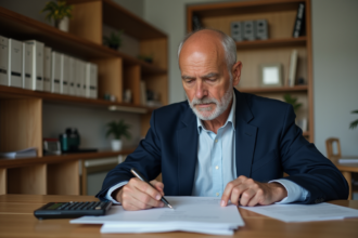 Homme d'âge moyen vérifiant ses formulaires d'impôts à la maison