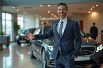 Homme en costume devant une voiture de luxe en showroom