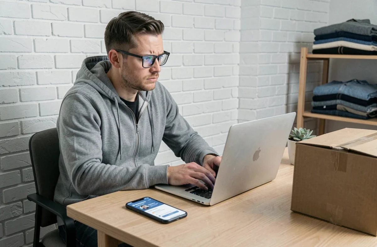 Homme consultant le suivi de son colis Vinted sur un ordinateur portable avec un colis d'expédition posé sur le bureau à côté de lui