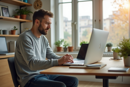 Homme en tenue décontractée travaillant à son bureau lumineux