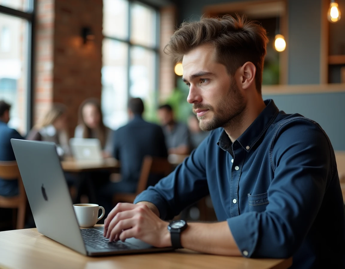 Homme consultant un tutoriel epsilonscan FR sur un ordinateur portable dans un café urbain