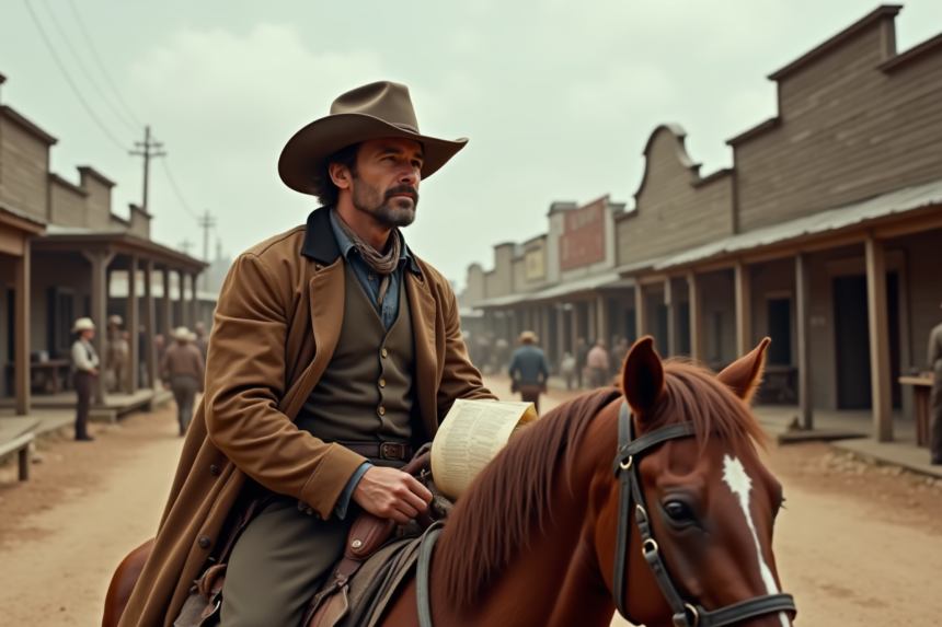 Homme d'âge moyen en cowboy à cheval dans une ville frontier