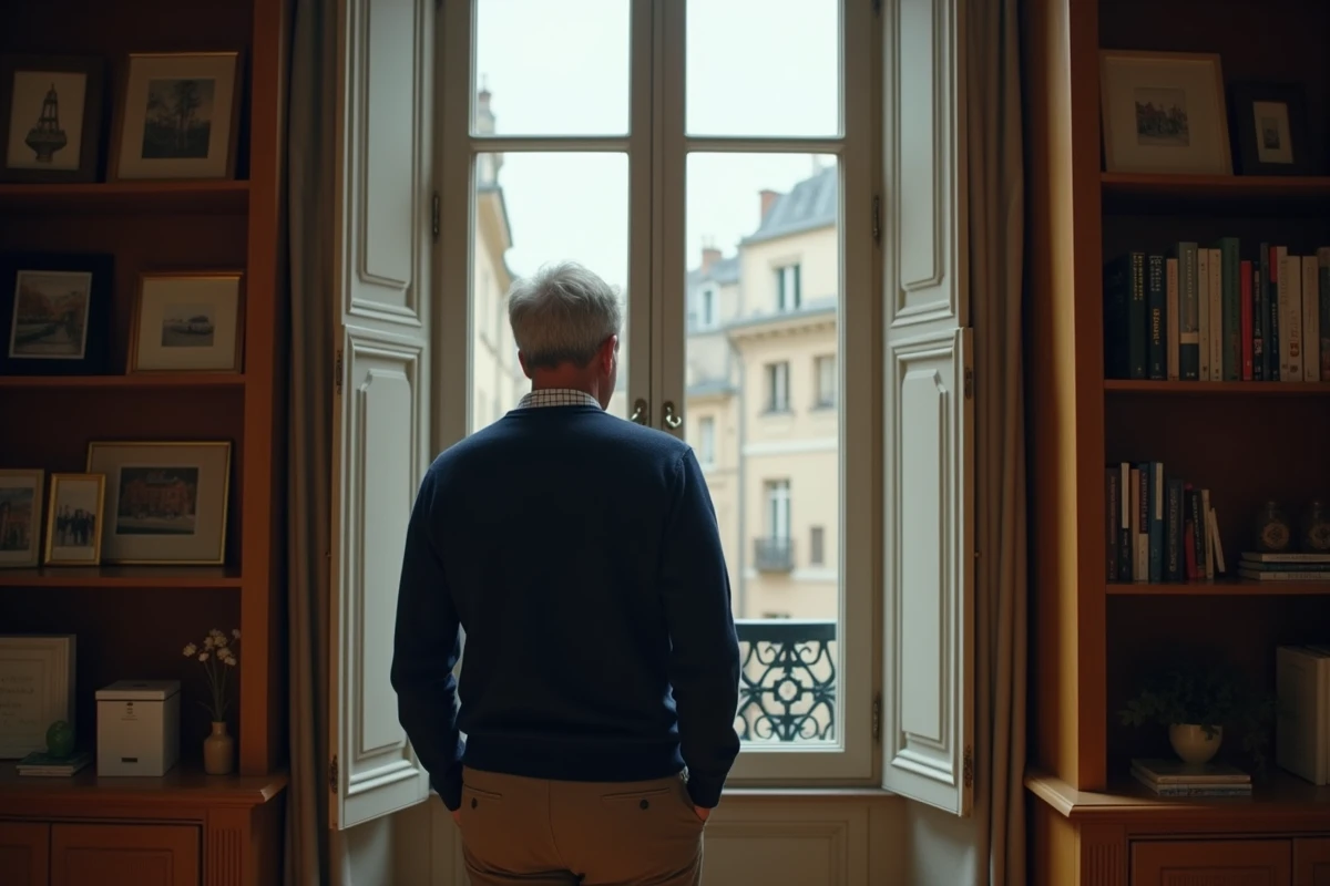 Homme regardant par la fenêtre d un appartement parisien