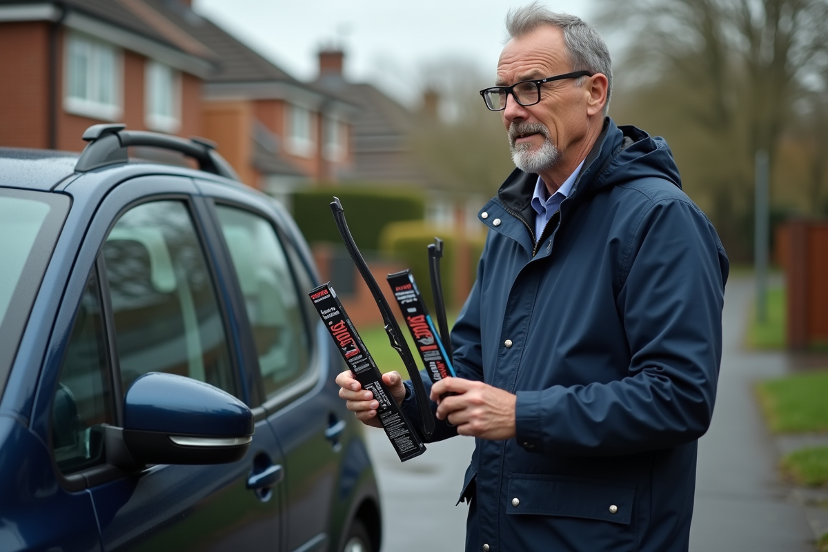 Homme examine des essuie-glaces devant sa voiture