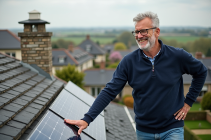 Homme inspectant des panneaux solaires sur un toit normand
