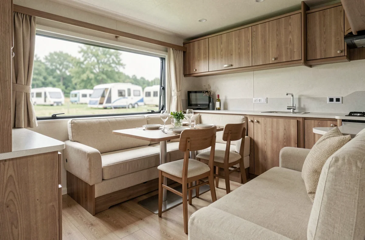 Intérieur contemporain d'un mobil-home fabriqué en France avec salon lumineux et mobilier en bois clair