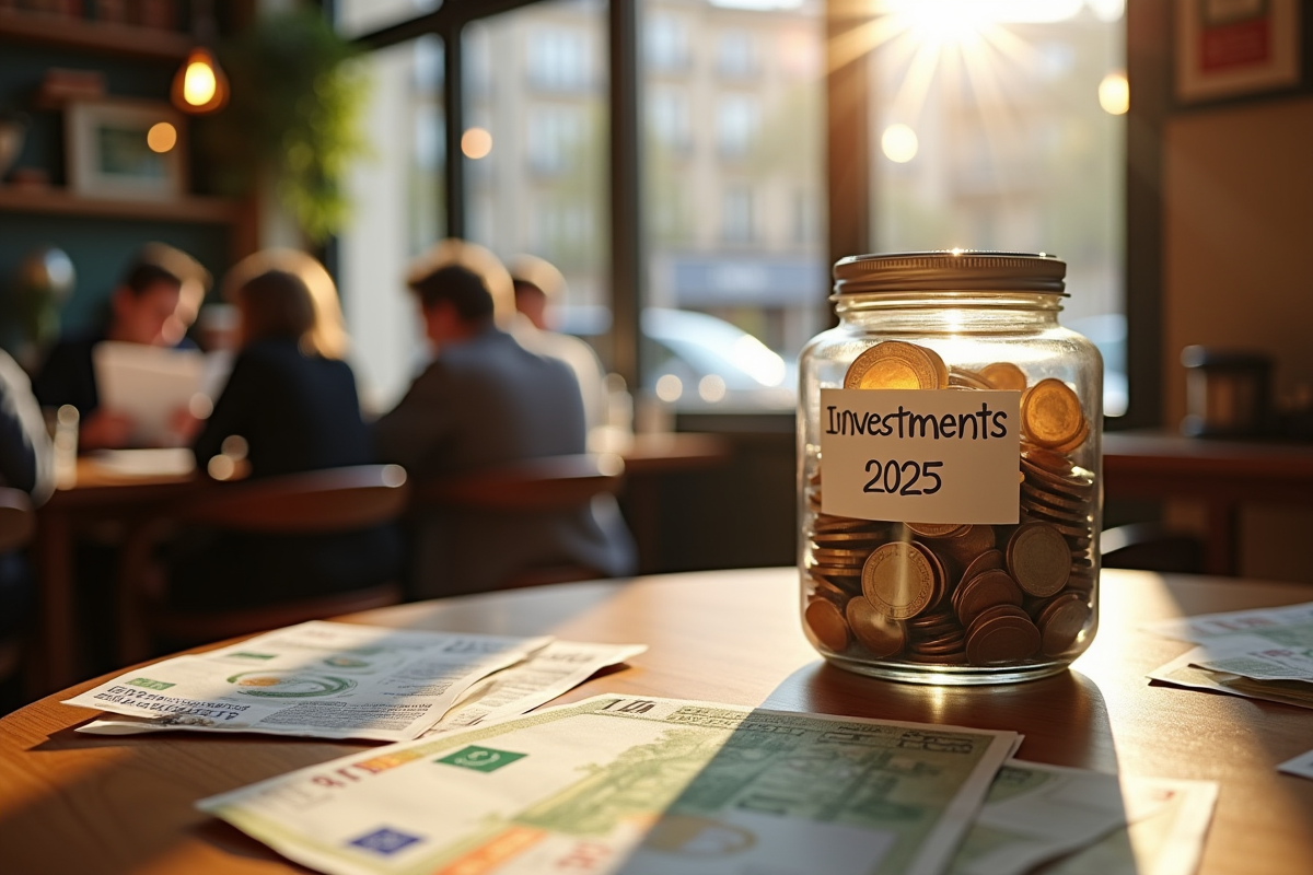Pot de pièces et billets euros sur une table en café parisien
