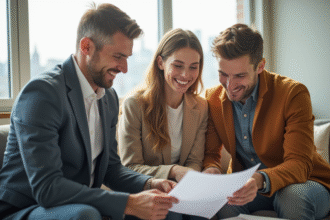 Jeune couple avec agent immobilier dans un salon lumineux