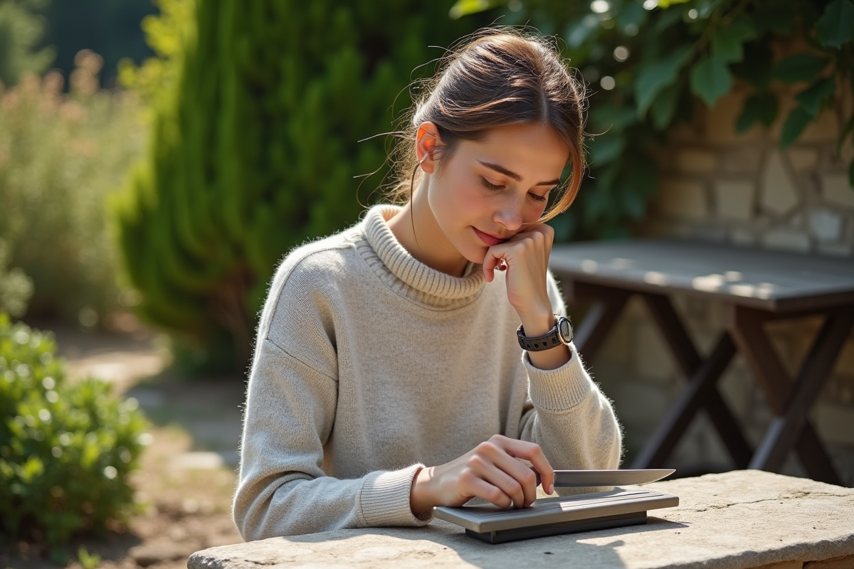 Jeune femme affûtant un couteau Le Pradel en extérieur dans un jardin