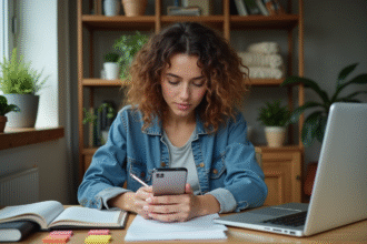 Jeune femme avec ordinateur et notes pour gestion budget