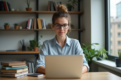 Jeune femme professionnelle travaillant sur son ordinateur dans un bureau moderne