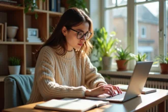 Jeune femme concentrée écrivant sur son ordinateur dans un bureau lumineux