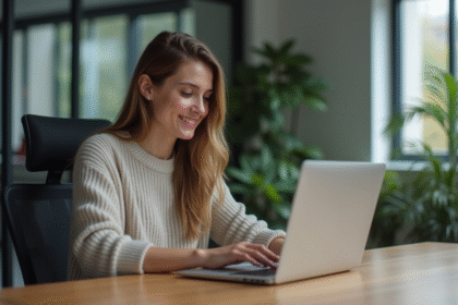 Jeune femme concentrée sur son ordinateur dans un bureau moderne