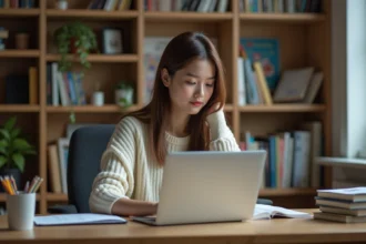 Jeune femme concentrée sur son ordinateur dans un espace cosy