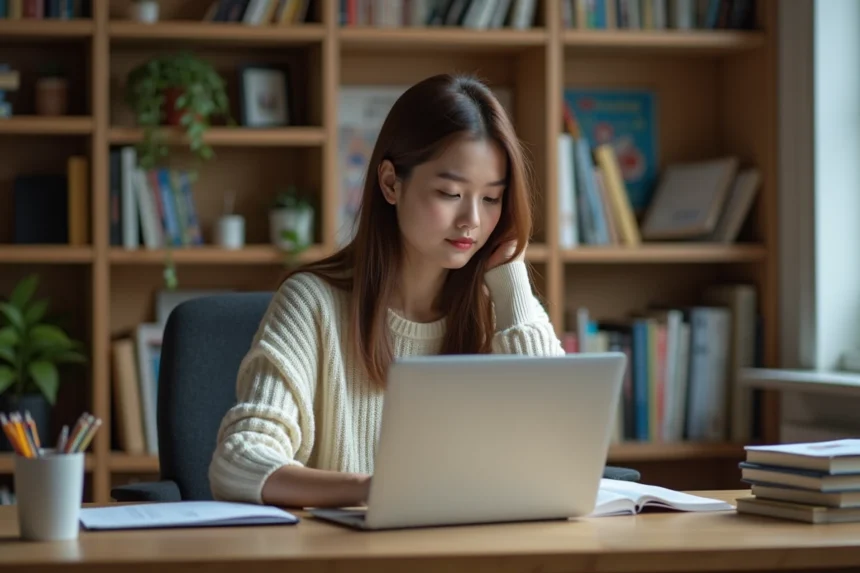 Jeune femme concentrée sur son ordinateur dans un espace cosy