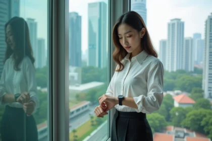 Jeune femme asiatique regardant sa montre dans un bureau moderne à Singapour