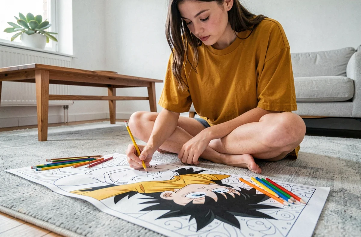 Jeune femme assise par terre coloriant une grande page Dragon Ball avec des crayons éparpillés