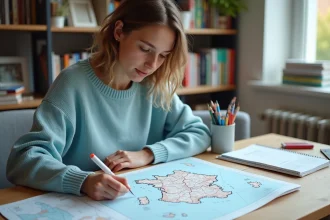 Jeune femme dessinant une carte de France sur un bureau moderne