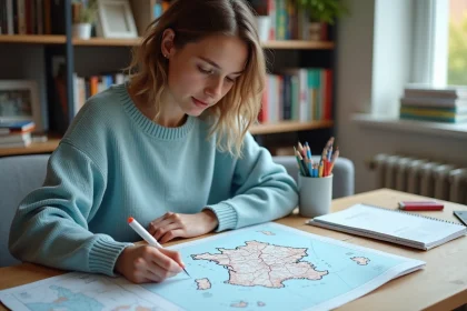 Jeune femme dessinant une carte de France sur un bureau moderne
