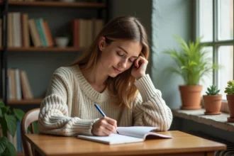 Jeune femme écrivant une note dans un intérieur chaleureux