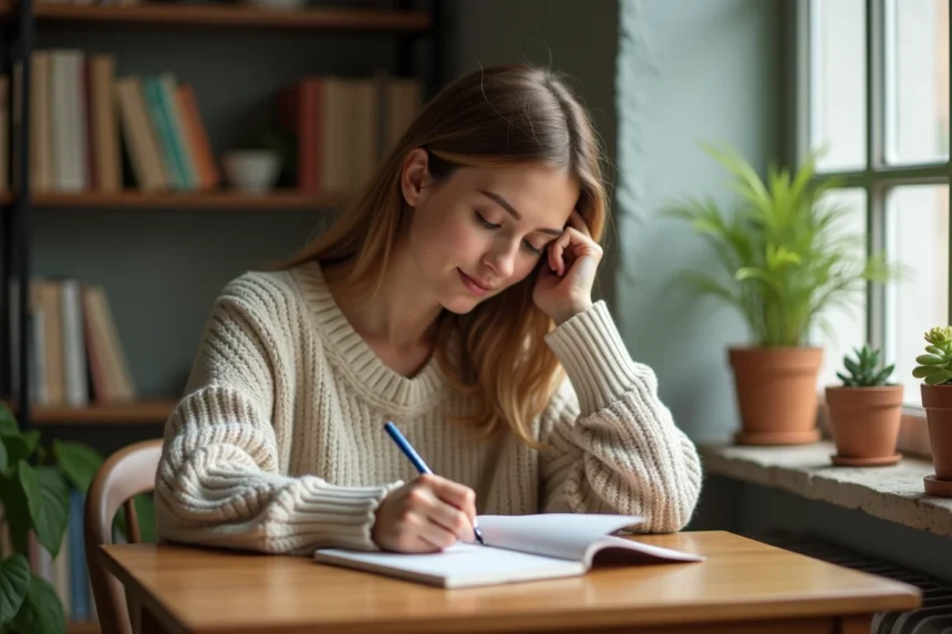 Jeune femme écrivant une note dans un intérieur chaleureux