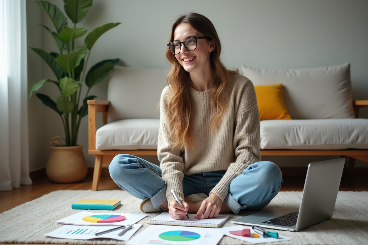 Jeune femme souriante avec graphiques d