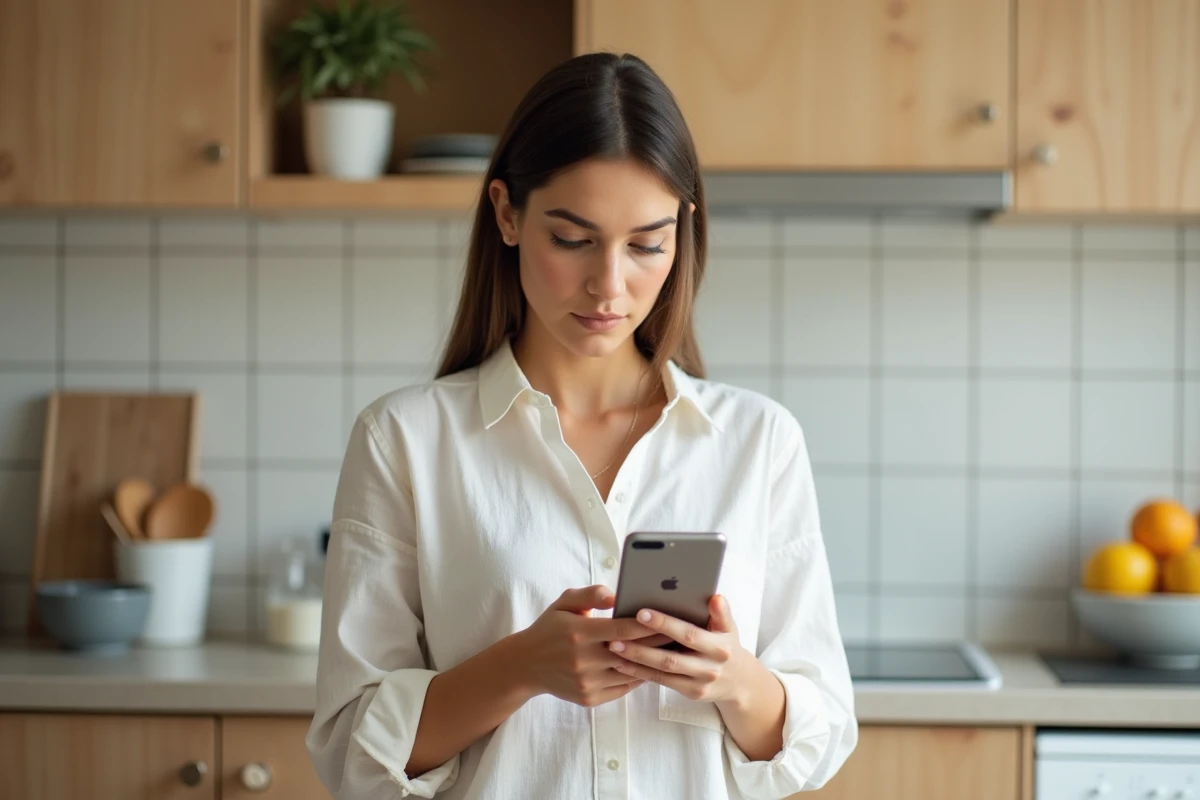 Jeune femme rédigeant une lettre officielle sur smartphone dans une cuisine moderne