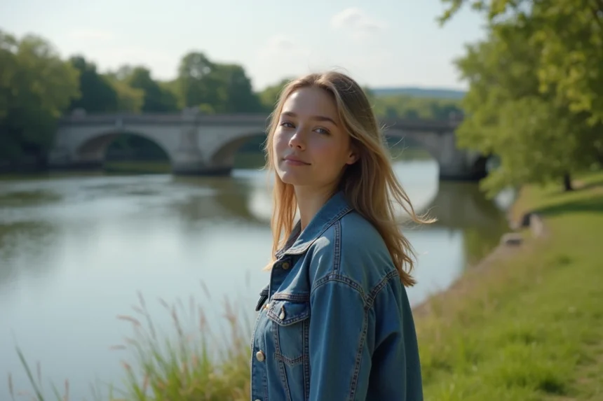 Jeune femme en denim sur la Loire regardant l'eau