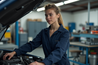 Jeune femme en combinaison inspectant un moteur de voiture