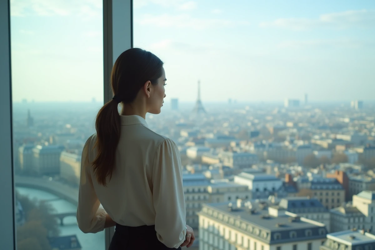 Jeune femme professionnelle regardant la ville de Paris depuis une fenêtre