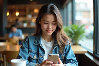 Jeune femme avec denim et smartphone dans un café