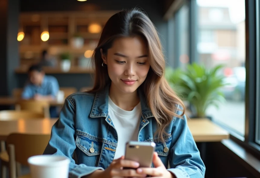 Jeune femme avec denim et smartphone dans un café