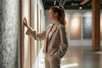 Jeune femme en veste iridescente dans un showroom de textiles