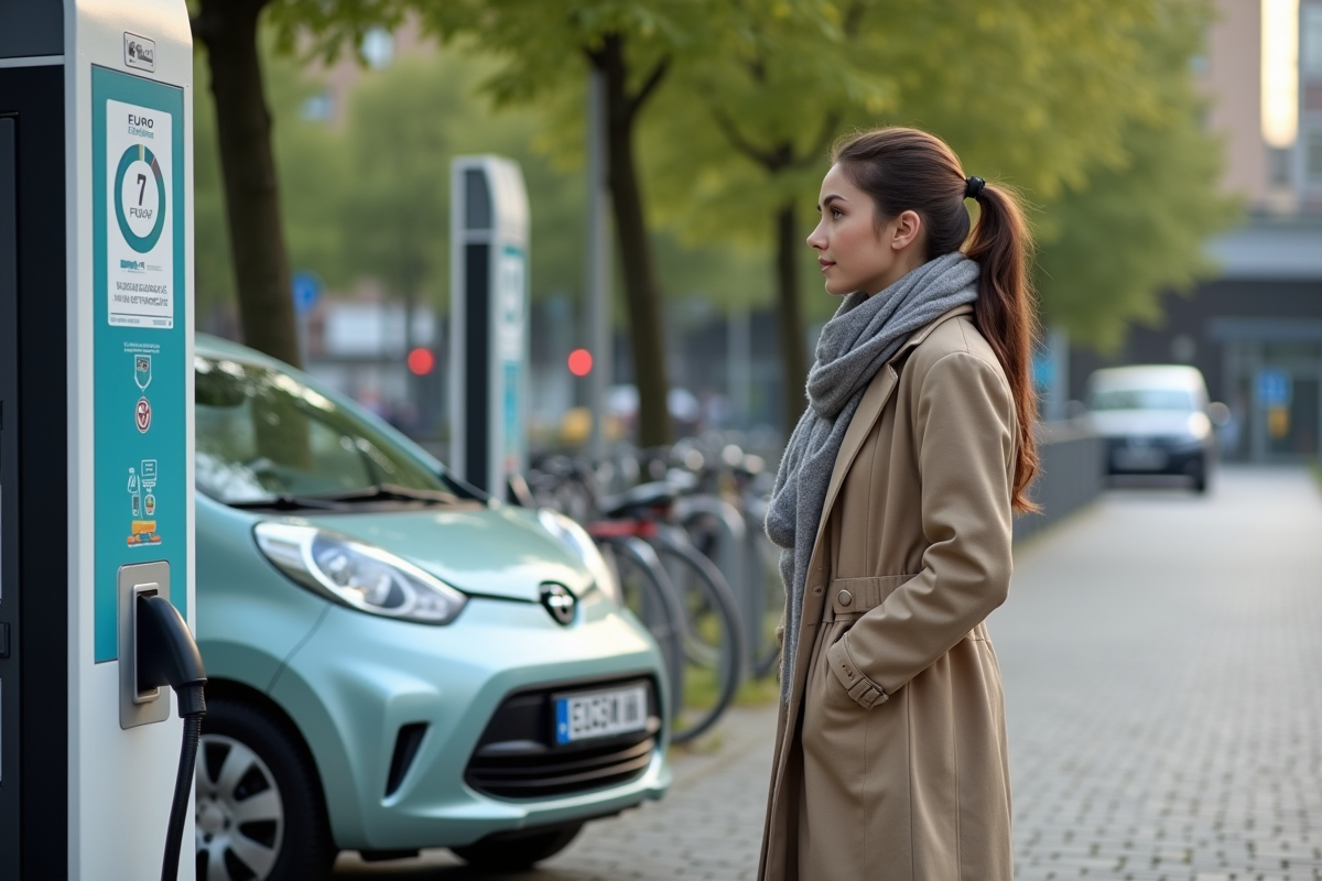 Jeune femme en ville près d une voiture électrique et panneau