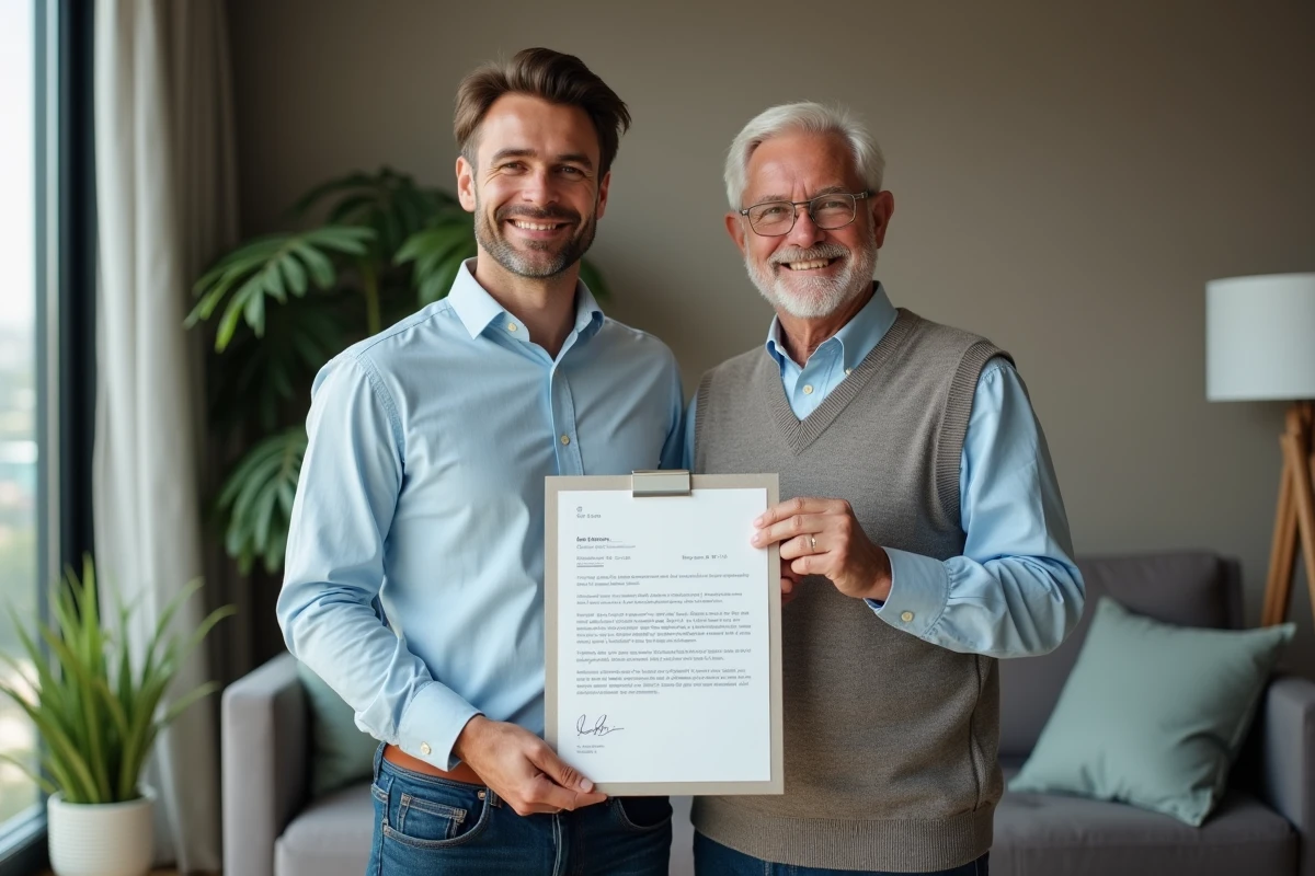 Jeune homme et homme plus âgé tenant une attestation signée