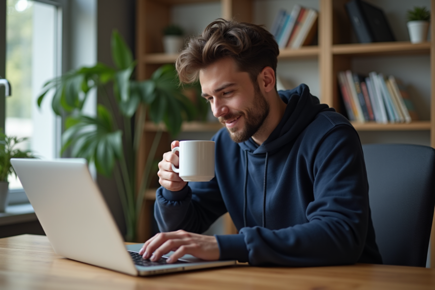 Jeune homme en bureau moderne travaillant sur son ordinateur portable