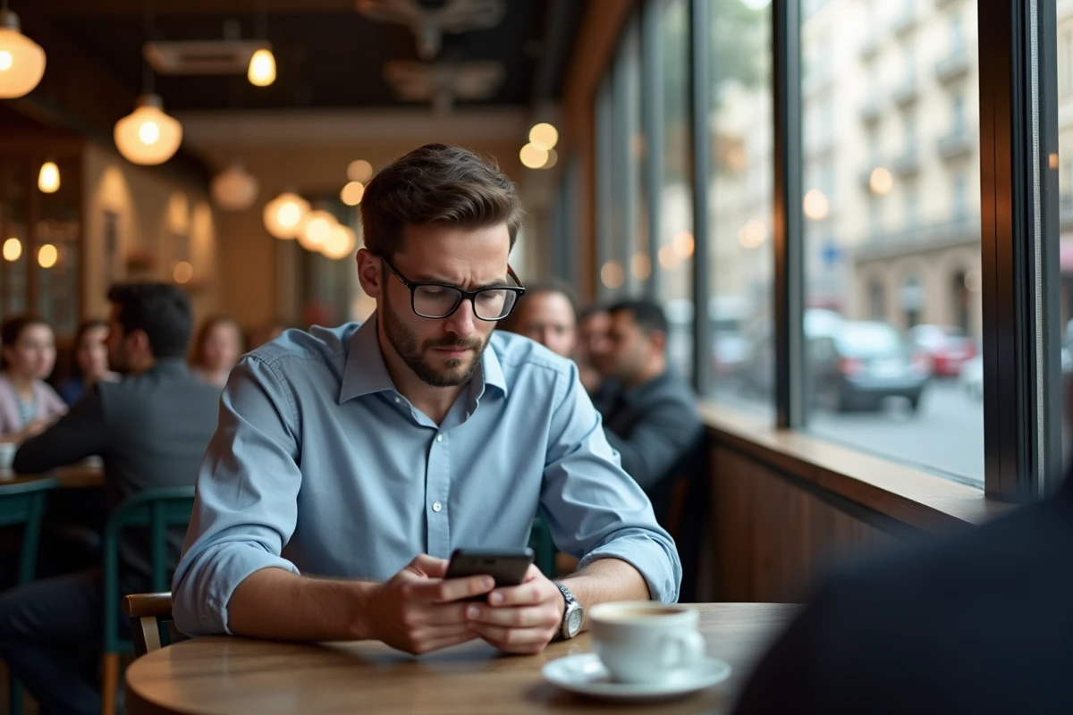 Jeune homme sceptique utilisant son smartphone dans un café urbain