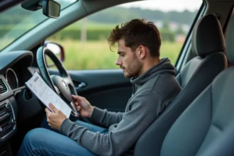 Jeune homme dans sa voiture avec reçus de carburant et smartphone