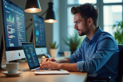 Jeune homme en chemise bleue travaillant sur un code AI