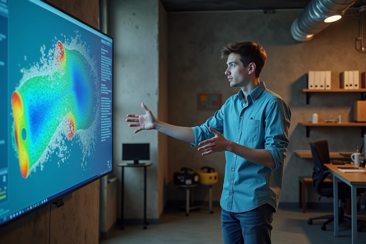 Jeune homme expliquant un modele CFD sur un mur d