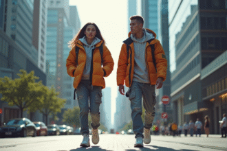 Jeune couple en techwear dans une ville moderne en journée