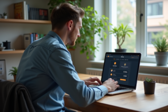 Jeune homme utilisant un ordinateur portable dans un bureau moderne