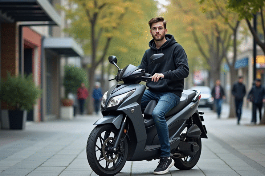 Jeune homme en hoodie sur moto 125cc en ville