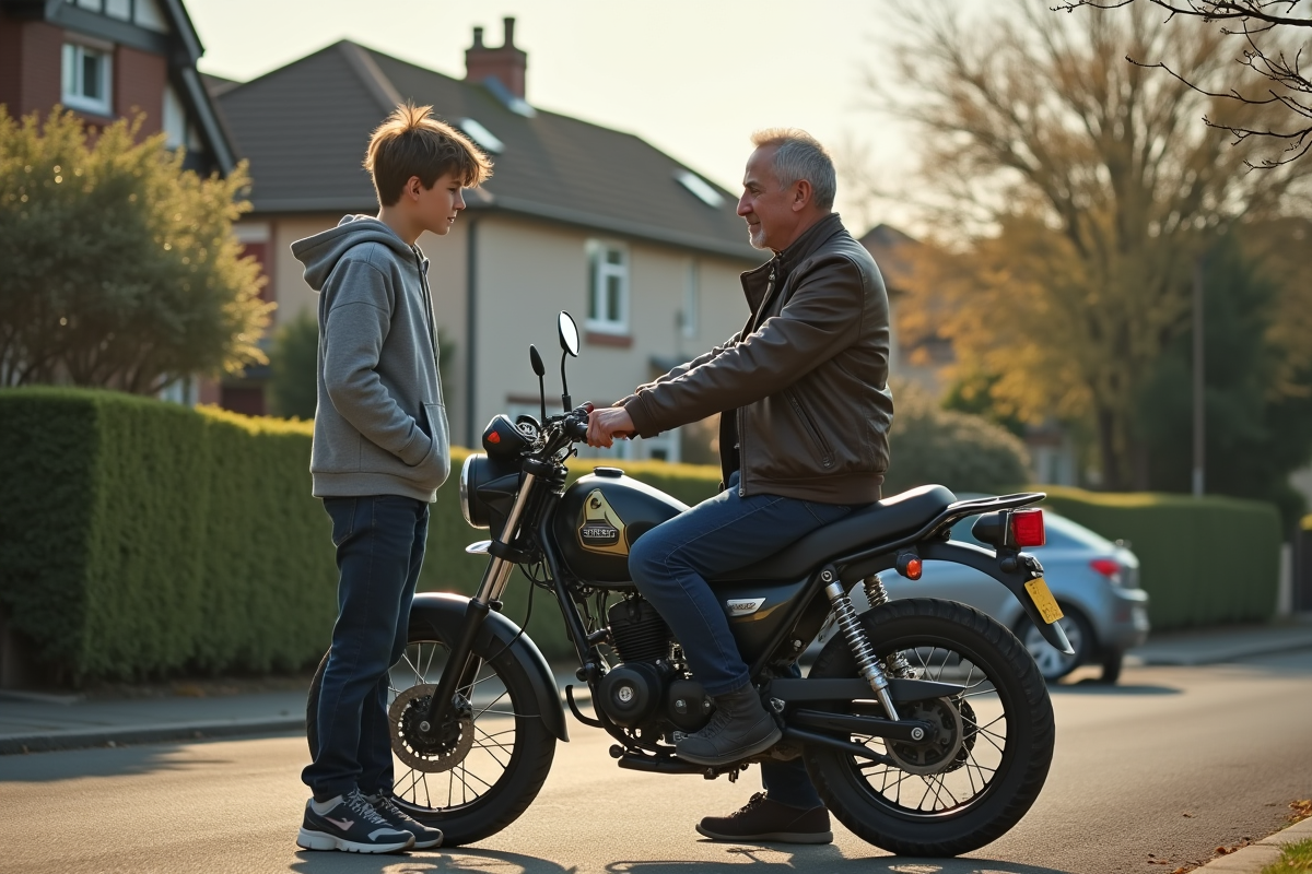 Jeune garçon parlant avec homme devant moto d